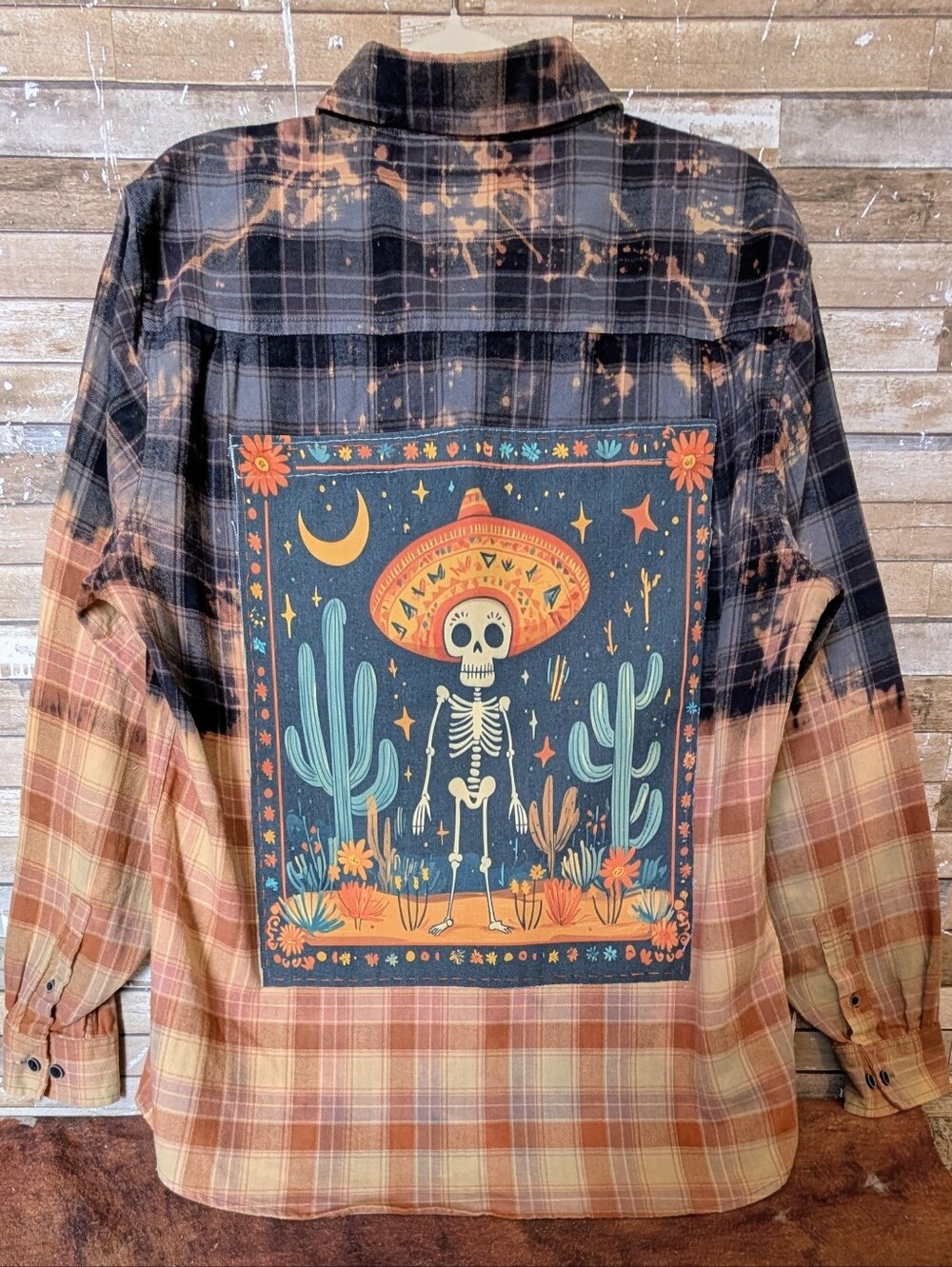 Boho Southwestern Skull Upcycled Dip Dyed Bleached Flannel Shirt